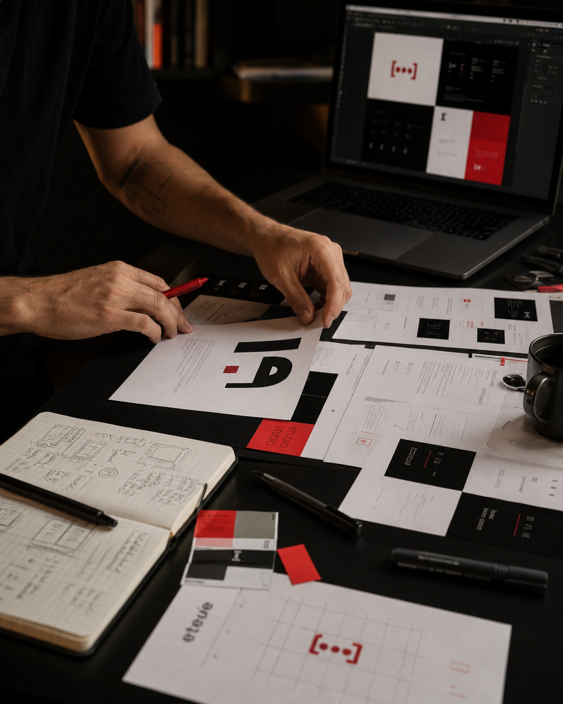 Proceso creativo de Etecé Studio con materiales de identidad visual sobre una mesa de trabajo